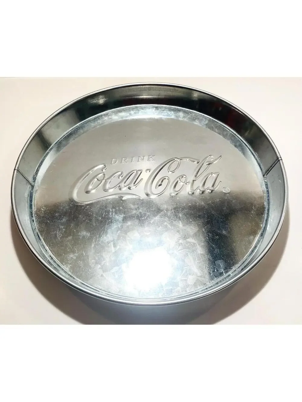 Coca Cola Chrome Silver Tin Tray Retro Coke Circle VTG Kitchen Decor Memorabilia